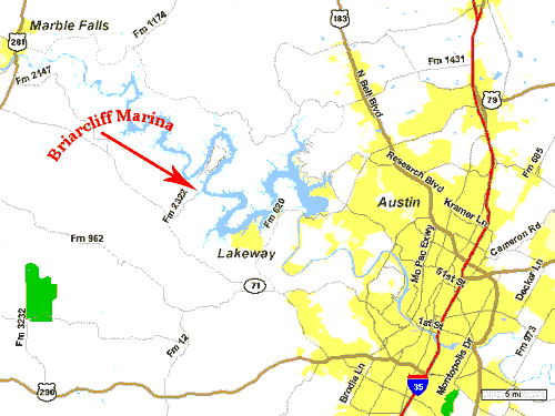 Austin area map with location of Briarcliff Marina